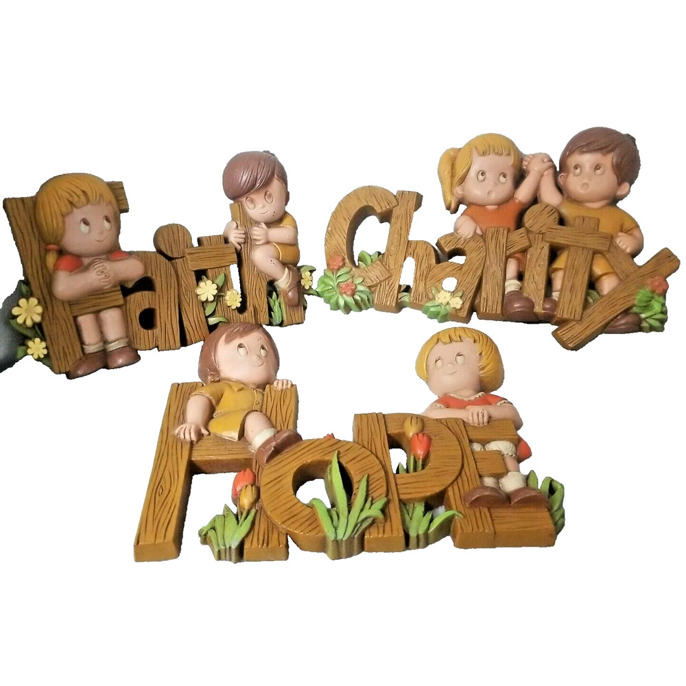 Vintage Burwood 3 Piece Set Faith Hope Charity Children Wall Hangings Wood Kids